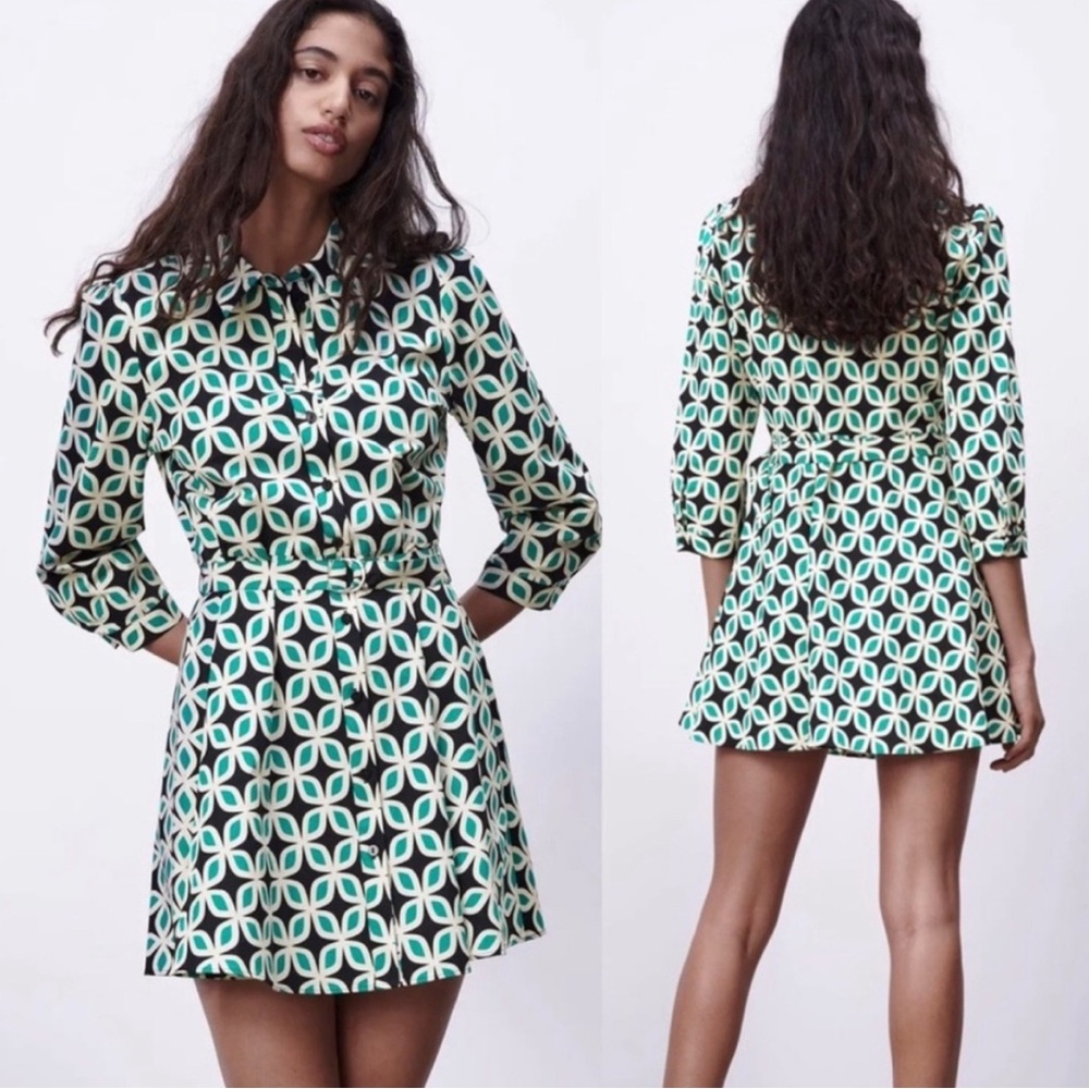 Zara Green and Black Midi Dress with Bishop Sleeves